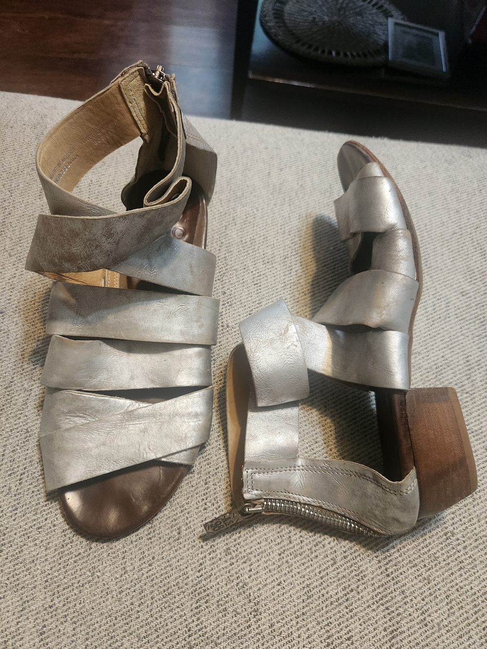 A.S.98 Metallic Silver Leather Strappy Block Heel Sandals